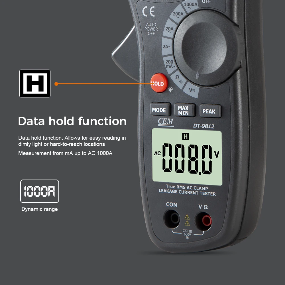 CEM DT-9812 1000A AC Leakage Current Tester Clamp Meter With Peak Hold Function CEM DT-9812 1000A AC Leakage Current Tester Clamp Meter With Peak Hold Function